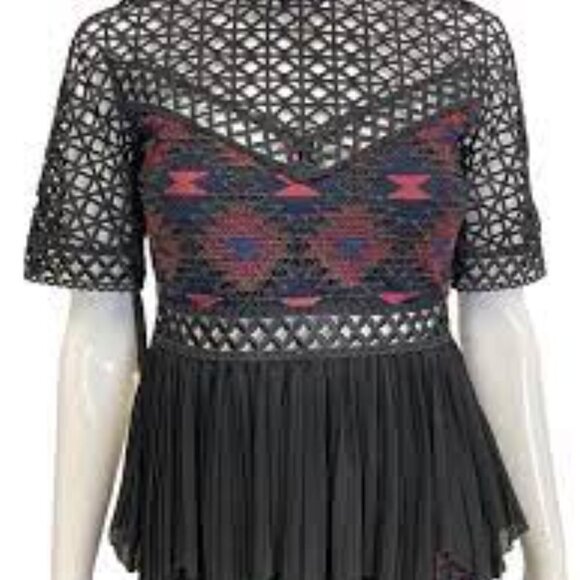 Pinko High Neck Embroidered Illusion Black Short Sleeve Blouse size 6​​​ - Picture 2 of 2